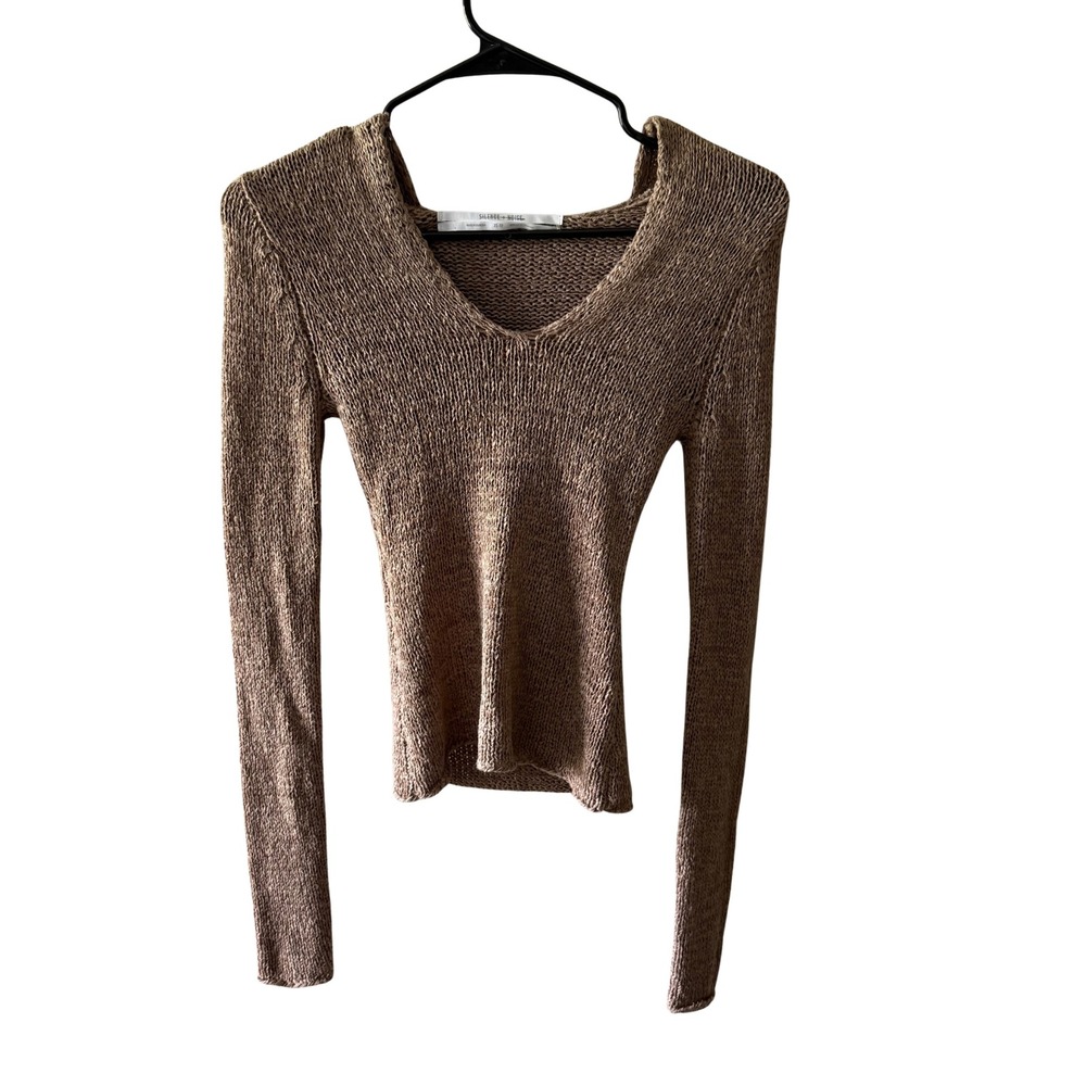 Silence + Noise Women Tan Brown Open Knit Hooded V-Neck Long Sleeve Sweater XS